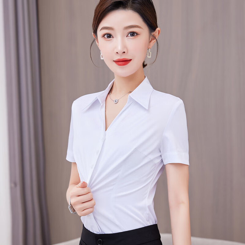 深V领白色衬衫女短袖职业2026新款夏季气质修身通勤工作服装免烫 白色 (V领) 4XL (150-160斤)