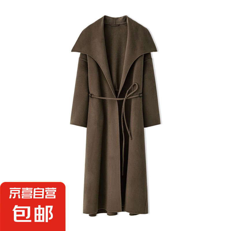 軌道抽繩大翻領(lǐng)羊絨羊毛大衣輕奢外套 咖色 L