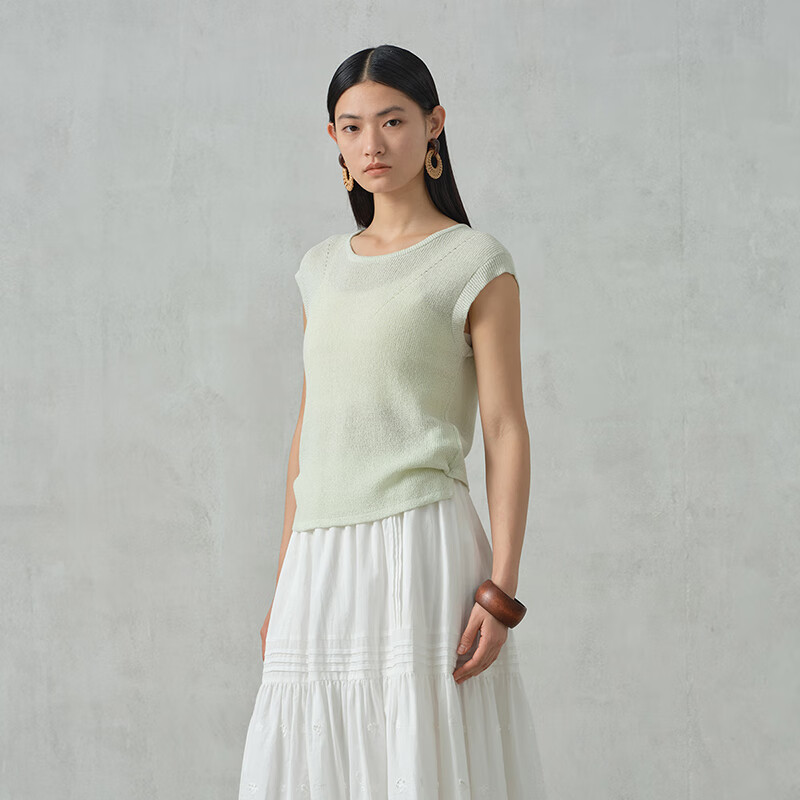 阿依莲【商场同款】气质毛衣针织衫无袖女夏季2025新款薄款显瘦洋气上衣 薄荷蔓波 S