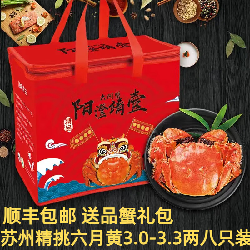 【活蟹】阳澄靖壹大闸蟹 现货鲜活大螃蟹公母蟹 海鲜水产生鲜礼盒 精选六月黄3.0-3.3两8只礼盒装