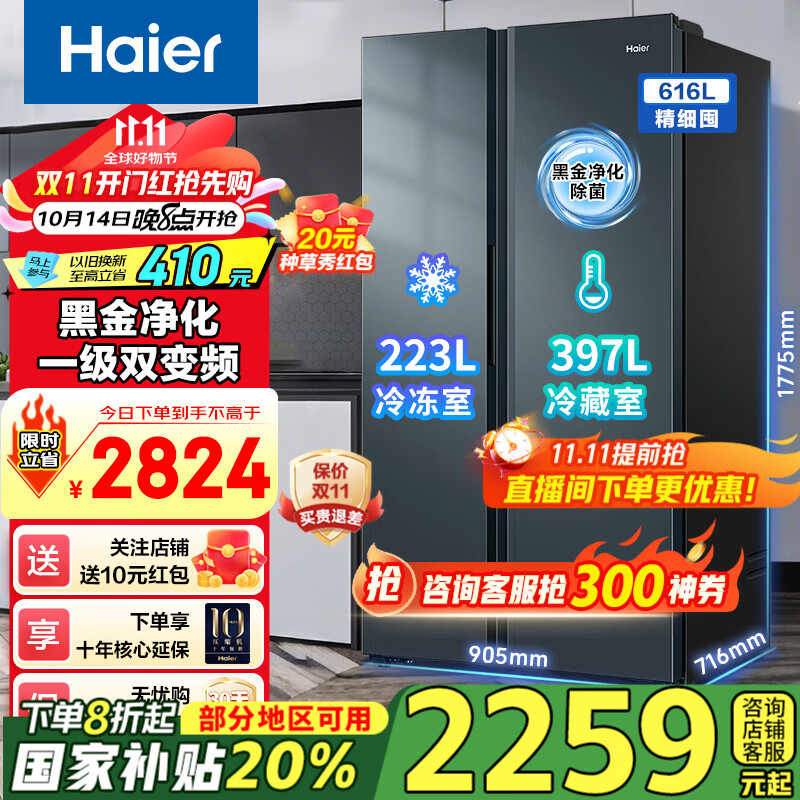 海尔（Haier）新品冰箱616升对开双开门两门风冷无霜双变频一级节能省电大容量家用电冰箱国补20%政府补贴 616升+一级双变频+黑金净化+风冷无霜