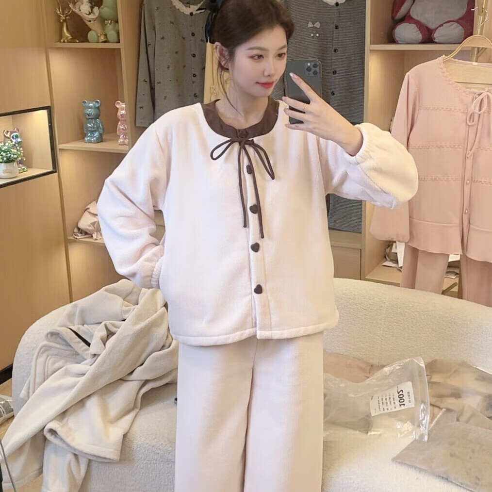 LangSha睡衣女冬季2025新款半边绒保暖法兰绒珊瑚绒加厚秋冬家居服可外穿 JR-R3040半边绒 XL 【建议120-140斤】