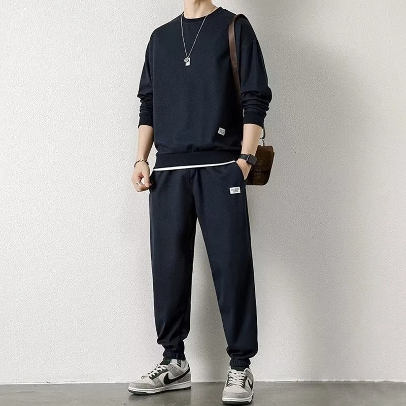 锐图森春秋季男士华夫格卫衣套装宽松休闲秋冬新款圆领男装长袖长裤套装 【套装】黑色 3XL （建议150-170斤）