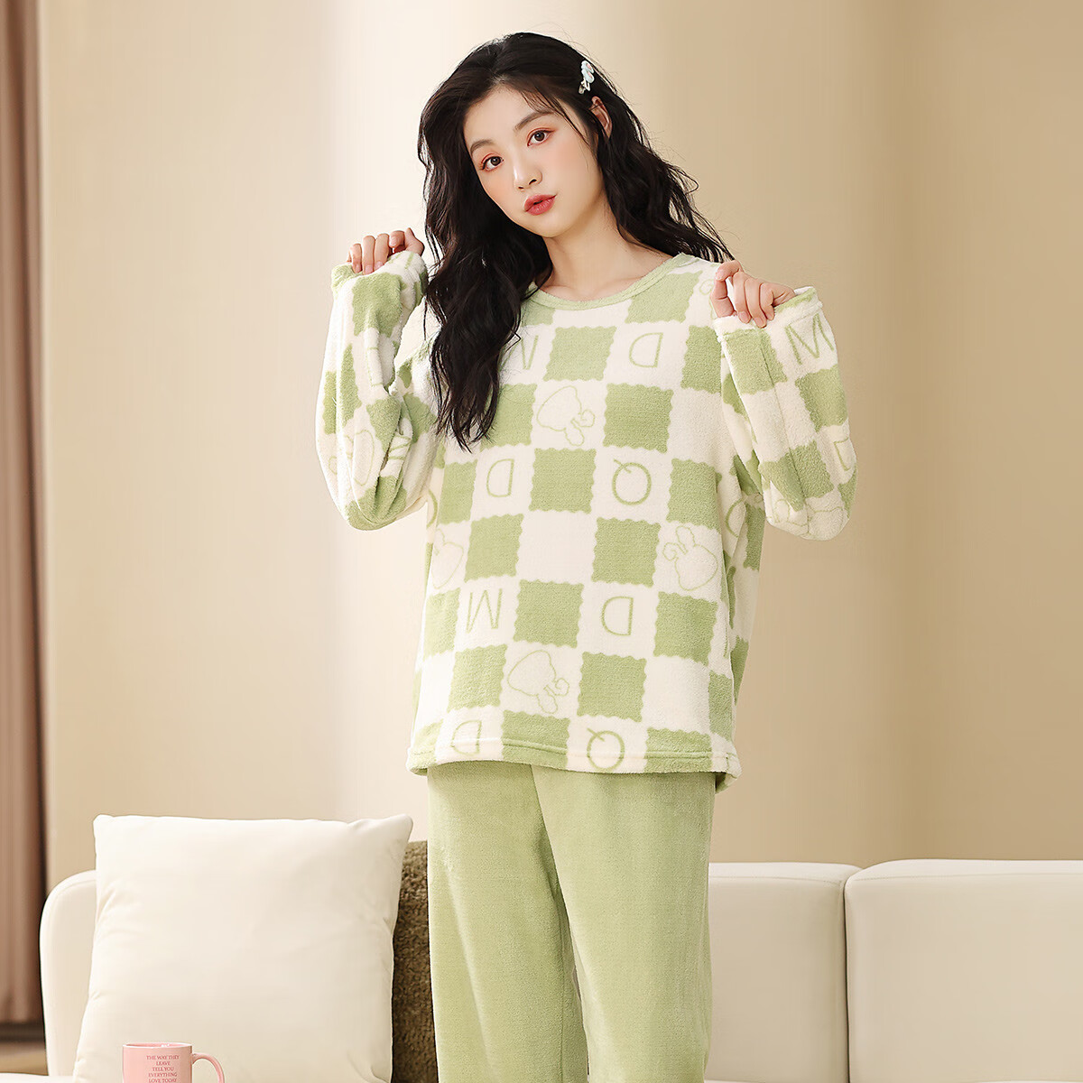 香蜜闺秀GOSO睡衣女肤暖绒秋冬可外穿柔软舒适家居服套装女【商城同款】 浅绿 L