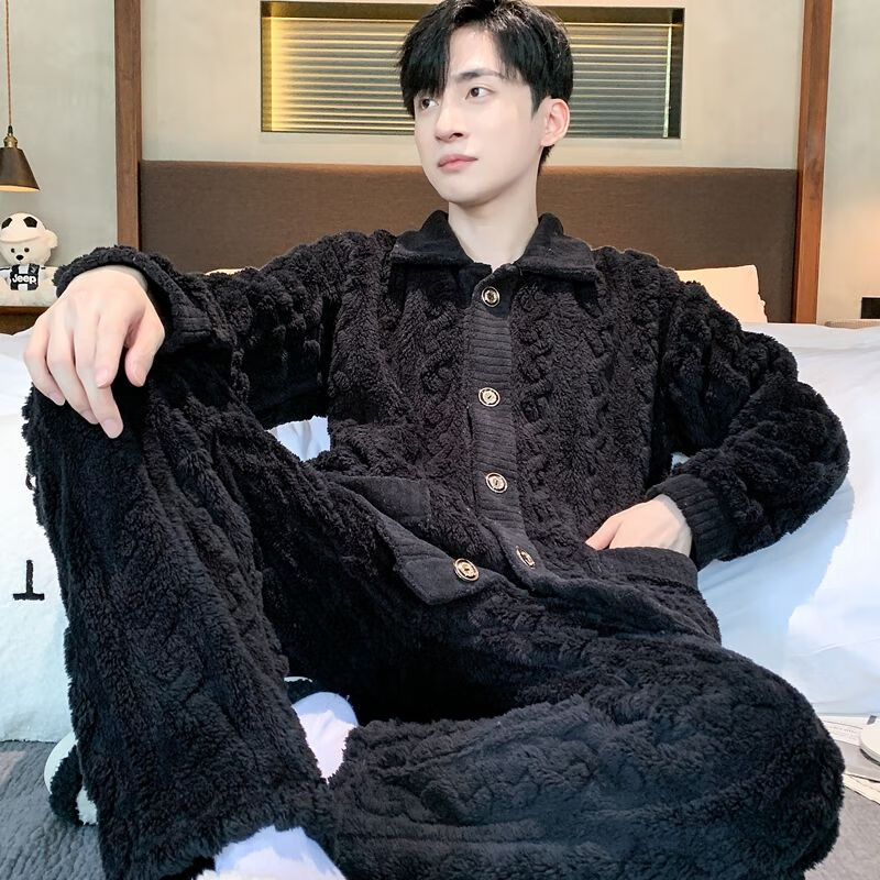 维多利亚的格调珊瑚绒睡衣男秋冬青少年加厚加绒长袖高中生毛绒家居服法兰绒套装 男长毛绒ZHL-方块格深灰五角星8153 XL (120-140斤