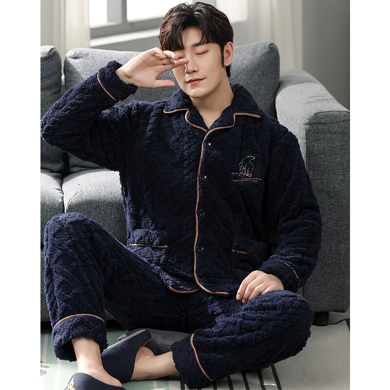 芬腾可安法兰绒秋冬季新品睡衣男士开衫加厚保暖珊瑚绒家居服套装