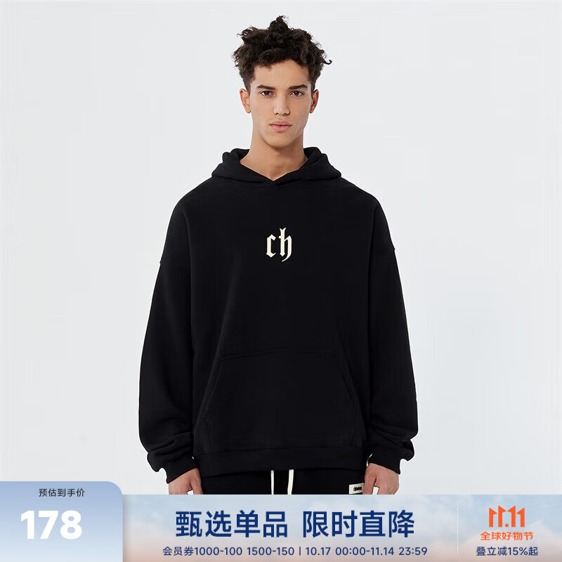 CHINISMCH字母印花连帽卫衣男潮牌美式宽松上衣重磅情侣帽衫 黑色 L