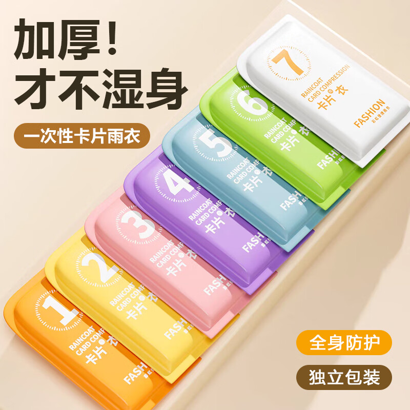 ToMill一次性雨衣加厚便携式卡片雨衣长款防暴雨成人款外穿雨披 3件彩色