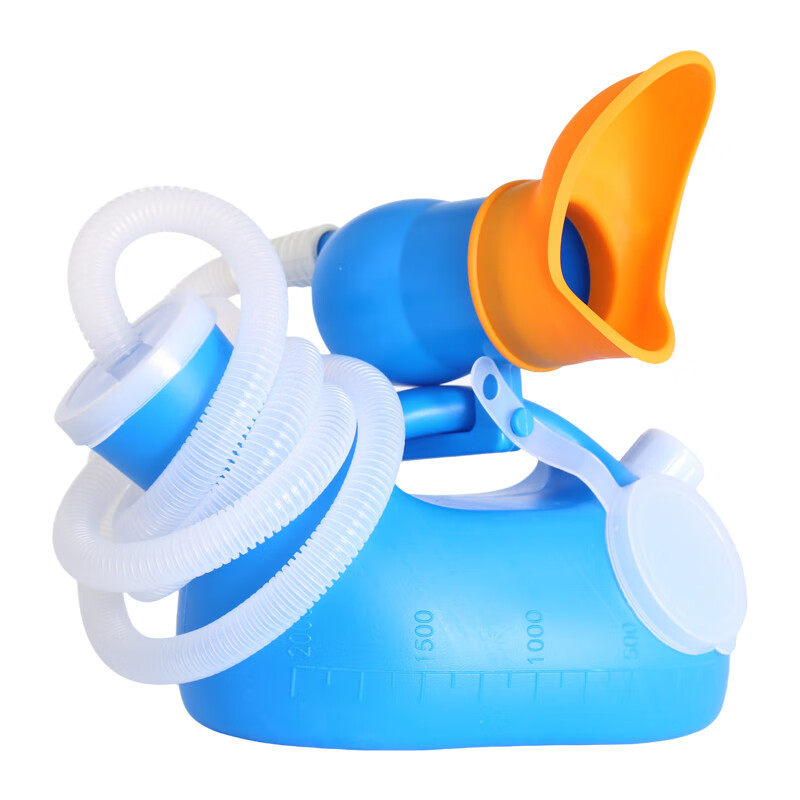 女士床上小便器加大号软口女士老年人夜间卧床接尿器双壶口小便壶 蔚蓝2000Ml+软壶口+1.6米导管