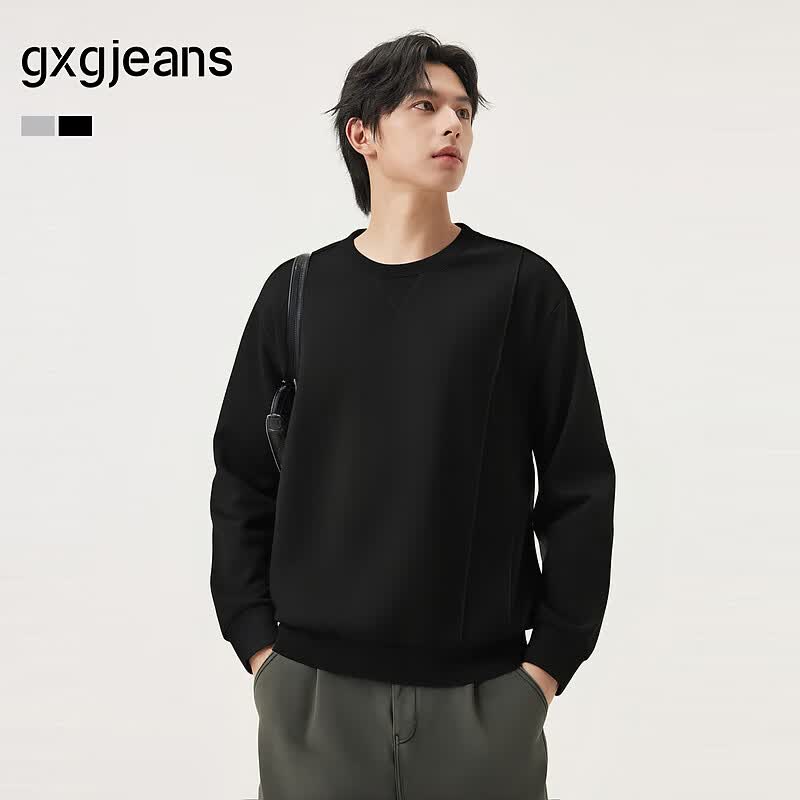 gxgjeans男装 多色分割设计简约休闲基础圆领卫衣男 25年秋新品 黑色 M
