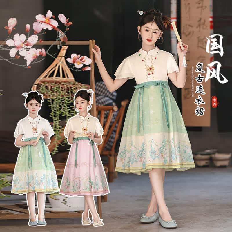G.duck女童连衣裙夏装儿童中大童2026新款马面裙13洋气女孩漂亮公主裙子 草绿色 古风2件套 140 码建议身高130-140cm