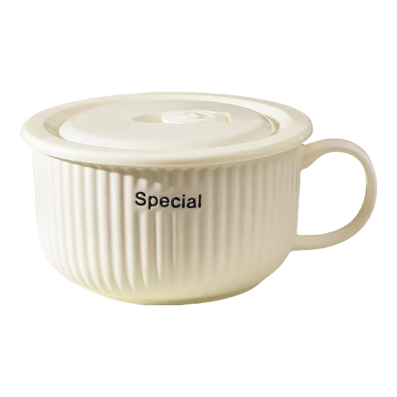 奶油风陶瓷泡面碗家用带盖保鲜饭碗可微波炉学生手柄碗上班便当盒 （奶白色）6英寸泡面碗+盖