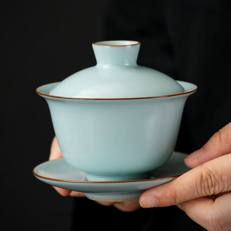 京峰阁 茶具三才盖碗 汝窑圆满高端泡茶碗开片可养蝉翼纹乔迁送礼三件套 圆满盖碗（天青）