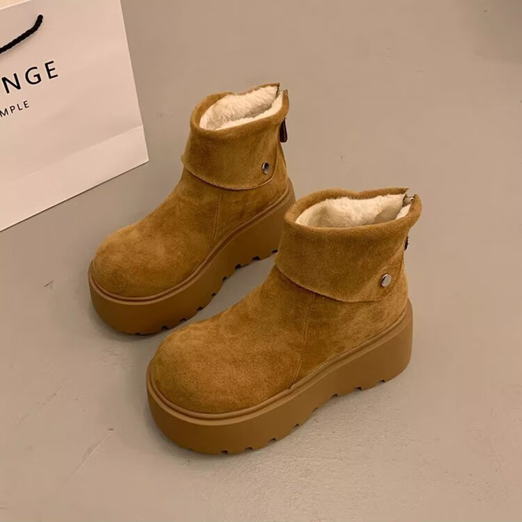 回力四季保暖增高厚底雪地靴女2025新款冬季勃肯鞋短靴女加绒加厚东北棉鞋 驼色 加棉 38