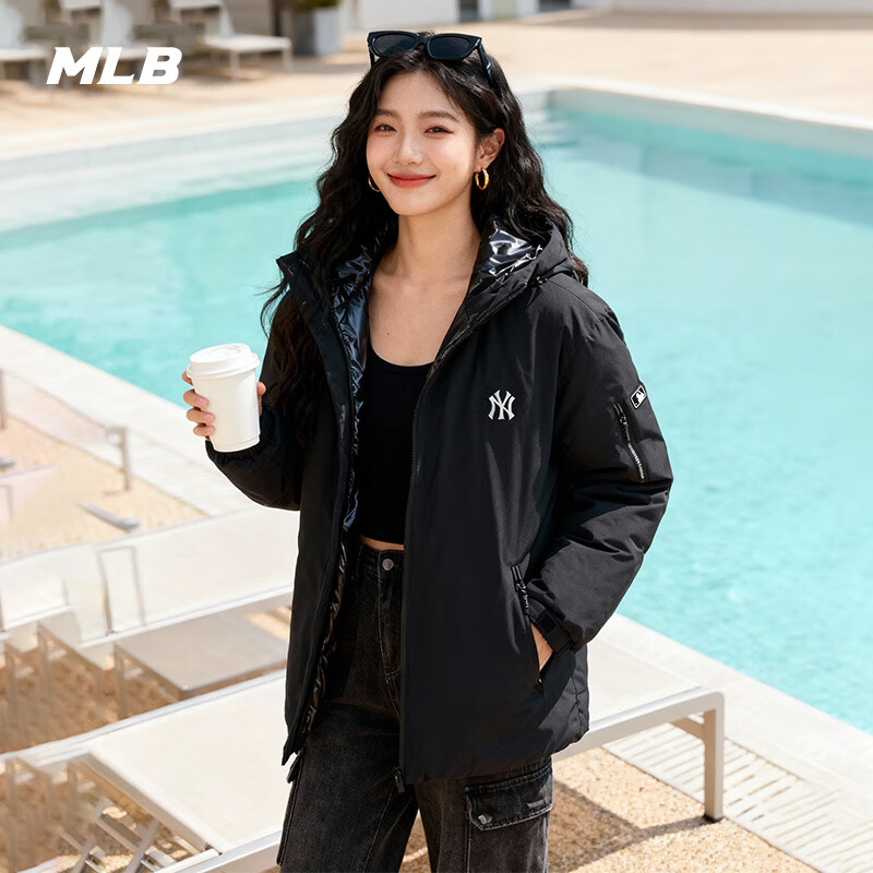 MLB官方男女情侣户外防泼水短款轻薄羽绒服25秋冬新款DJB01 纽约洋基队/黑色 XL (180/100A 建议体重约75-80KG)
