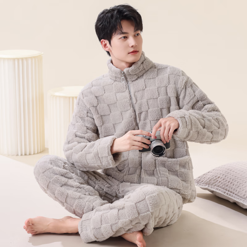 雪中飞睡衣冬季男2025年新款拉链加绒加厚珊瑚绒可外穿大码家居服套装 NSCJF-淡灰方格拉链 XL 【建议130-150斤】