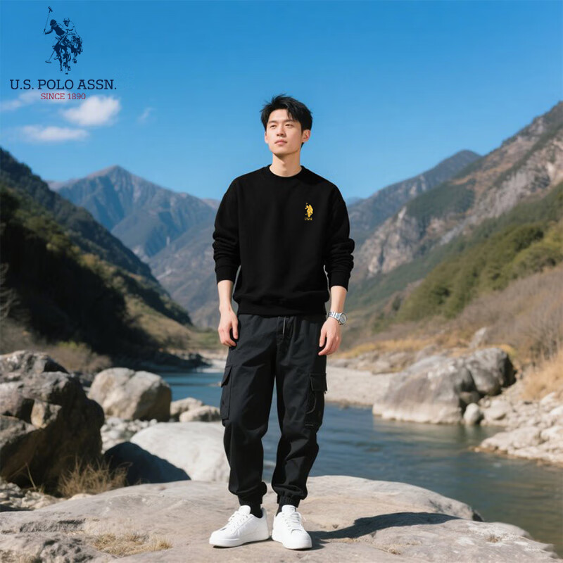 U.S. POLO ASSN.卫衣男春秋季新款卫衣连帽运动休闲服外套保罗男士t恤上衣服黑M