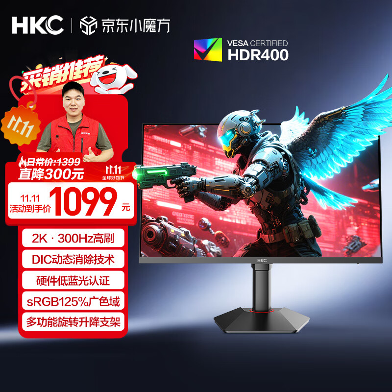 HKC 27英寸2K高清300Hz显示屏FastIPS旋转升降HDR400硬件低蓝光10bit电竞游戏HDMI2.1显示器G27H4Plus
