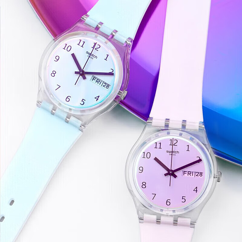 斯沃琪（Swatch）瑞士手表  双日历生日礼物男女时尚初高中学生腕表 【精美礼袋】无尽雪粉 GE714
