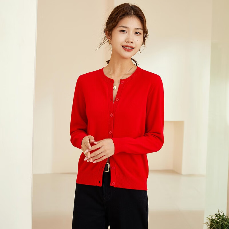 恒源祥纯色圆领羊毛衫女开衫秋冬新款毛衣外套时尚外穿纽扣insV领针织衫 中国红 XL /175/96A