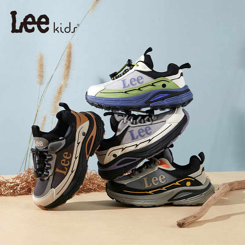 LEE KIDS童鞋秋季新款儿童透气跑步鞋女童防滑运动鞋男大童网面休闲老爹鞋 黑米 26 【建议脚长157-163mm】