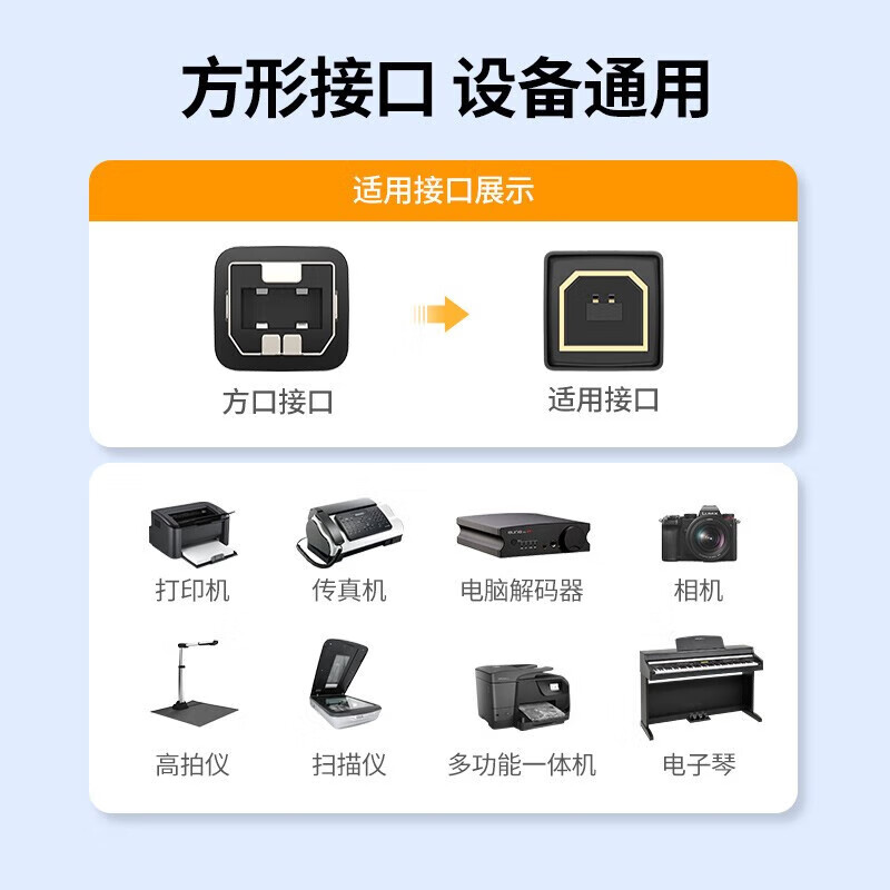 绿联【精选】 USB打印机线 A公对B公USB2.0方口接头高速打印电脑连接 0.5米 黑色