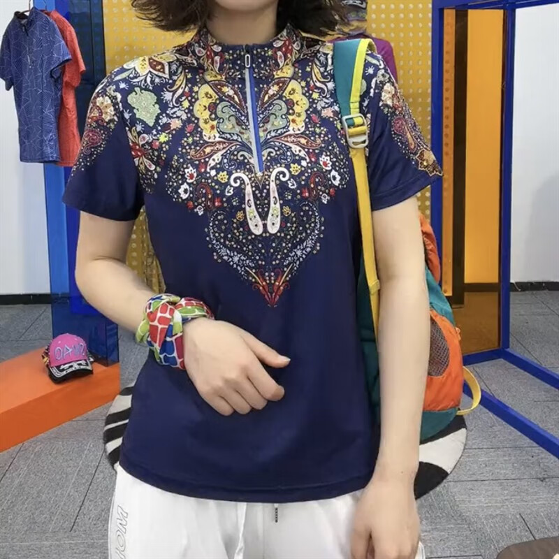 山头林村2023夏季速干衣女新款时尚高弹力宽松妈妈装户外运动洋气短袖t恤 蓝色 L建议[95斤-105斤]