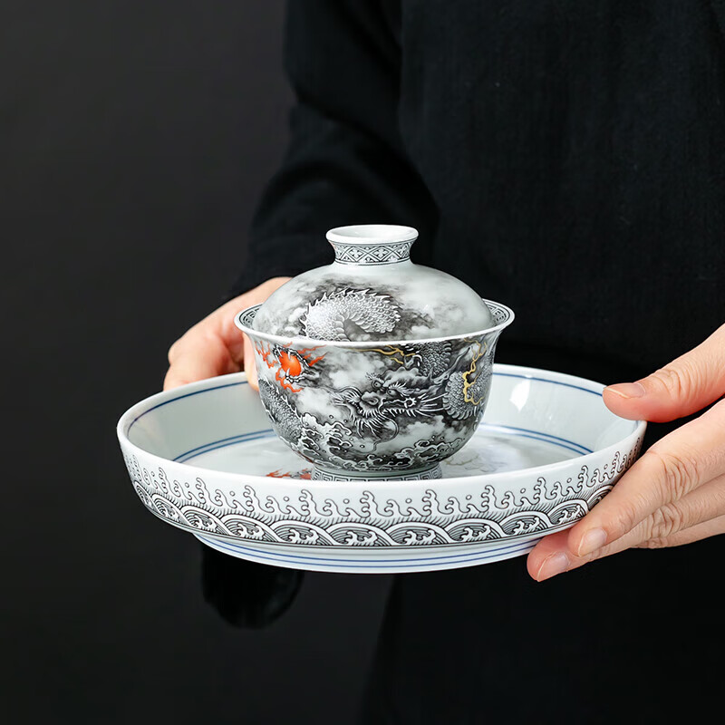 京峰阁 茶具盖碗套装 高档轻奢手工描金家用送礼整套泡茶碗茶杯泡茶器 墨龙悬停盖碗(一盖碗二杯)