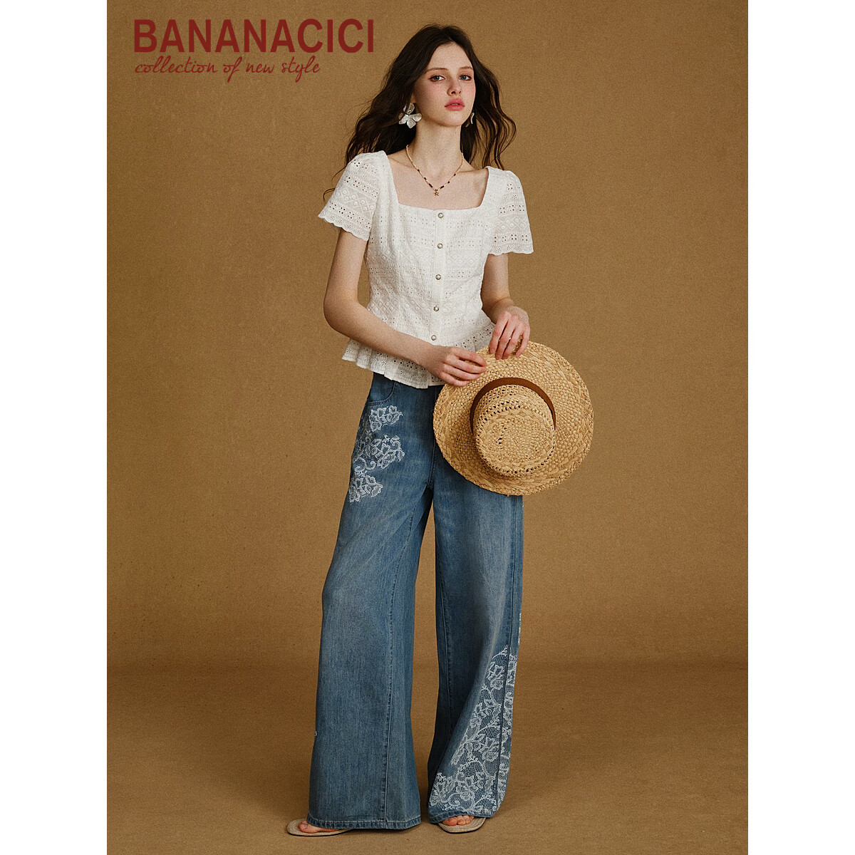 banana cici2025年秋季新款复古南法精致荷叶边绣花方领短袖衬衫C2F3CS017 白色 M