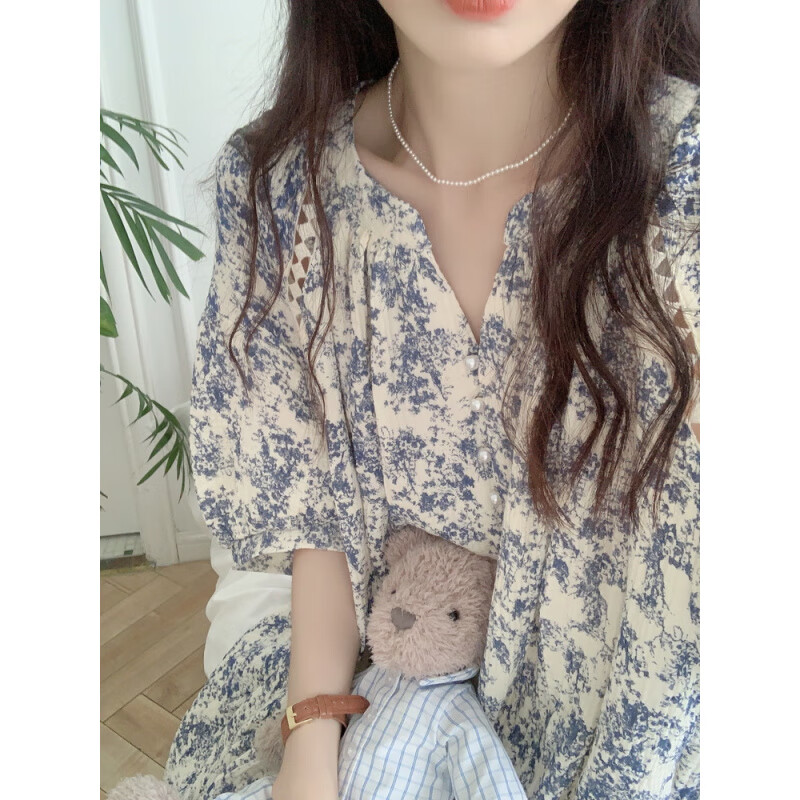 浪莎韓國(guó)ins甜美水墨畫(huà)碎花純棉睡裙女夏季雙層紗布短袖睡衣家居服薄 圖片色 均碼
