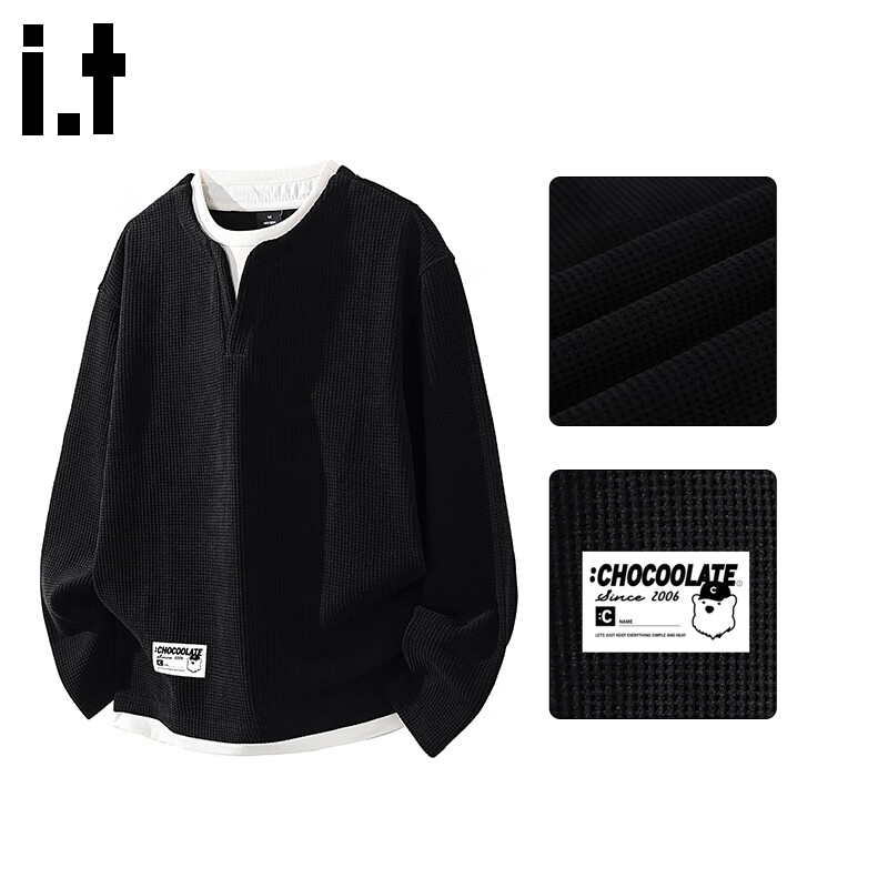 :CHOCOOLATEit华夫格假两件卫衣男士秋冬季新款么美式潮牌长袖T恤 黑色 4XL