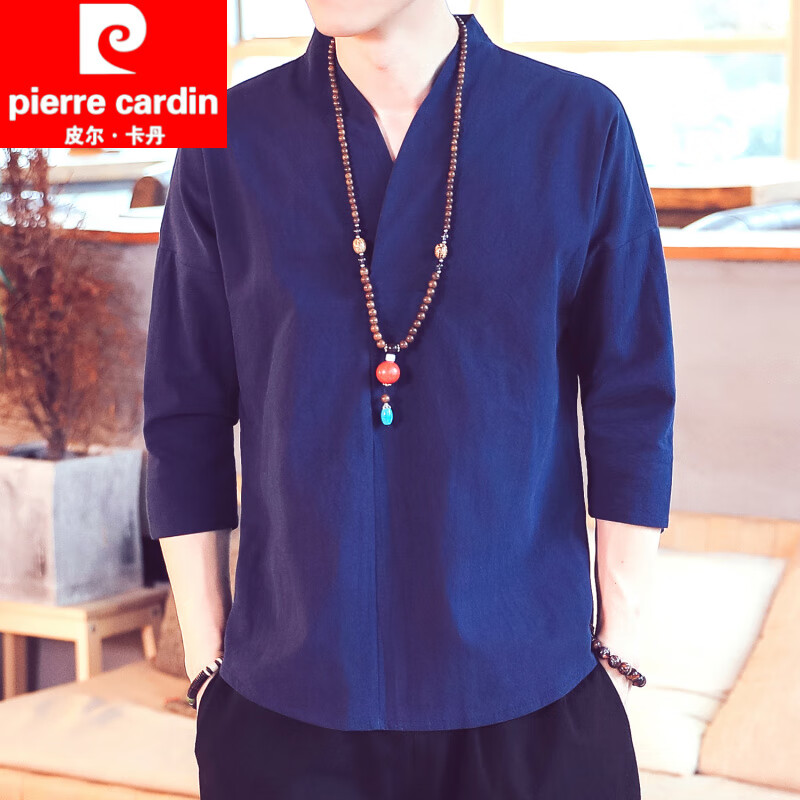 皮爾卡丹（pierre cardin）夏季 中國風(fēng)唐裝男古風(fēng)短袖漢服居士服禪修服棉麻七分袖t恤茶人服 藏青色 M