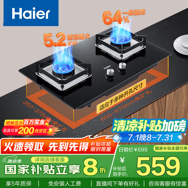 海尔（Haier）燃气灶天然气 嵌入式台嵌两用家用双灶具 5.2kw纯蓝焰猛火 64%高热效 政府补贴20%燃气灶BE6可调节