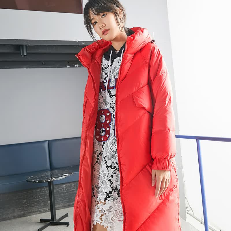 千仞岗秋冬季羽绒服女士时尚韩版中长款连帽外套宽松面包服保暖防寒服 活力红 XS (155)