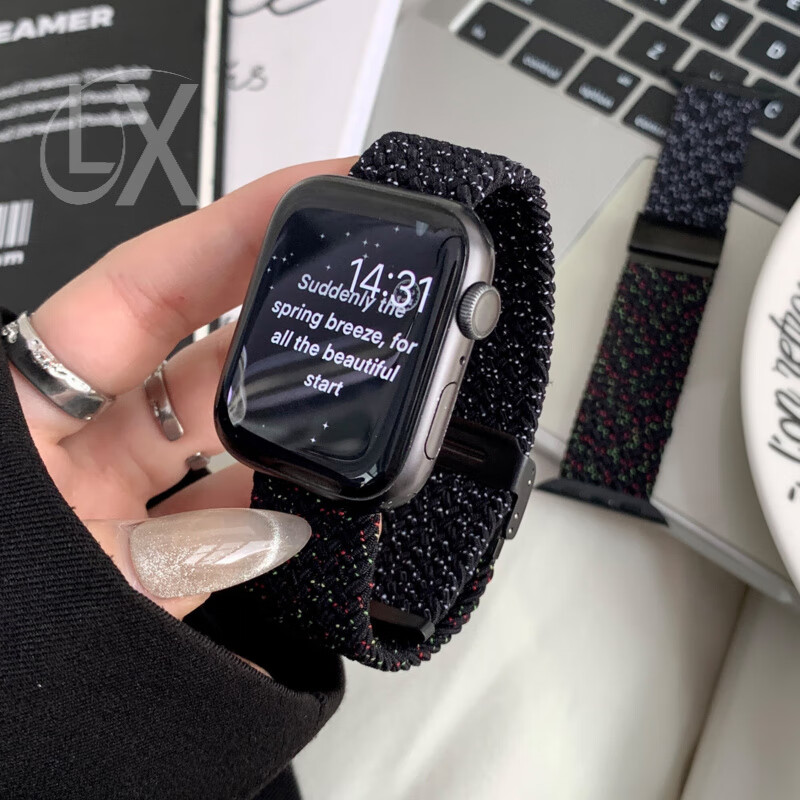 适用S11苹果手表表带尼龙编织简约拼色s10运动腕带applewatch678磁吸扣iwatchs9透气SE情侣Ultra2 编织黑扣黑配绛樱桃紫 适用s10/s11通用 42mm