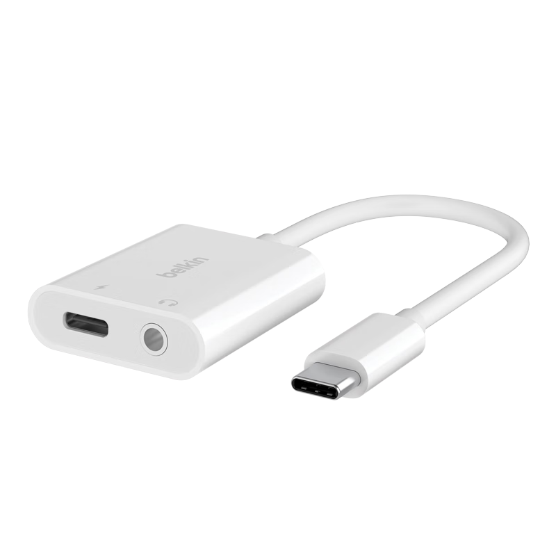 貝爾金（BELKIN）Type-C擴展塢 一分二轉接器USB-C供電+3.5mm耳機轉接頭 手機直播轉換器 蘋果手機轉接頭 NPA004白