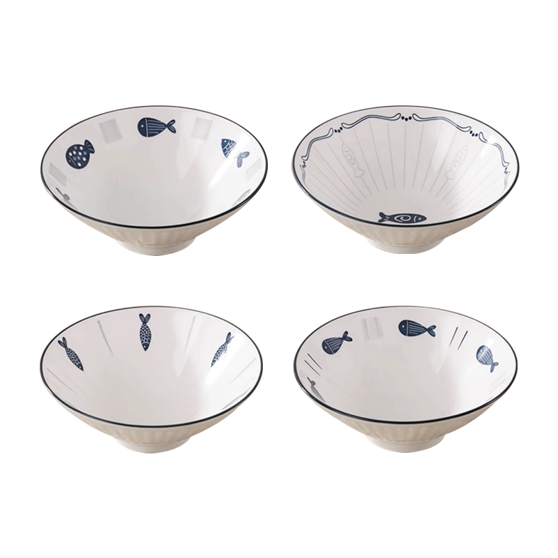 幾物森林 拉面碗陶瓷碗斗笠碗家用大碗餐具泡面碗盛湯碗 小魚(yú)8英寸4只裝