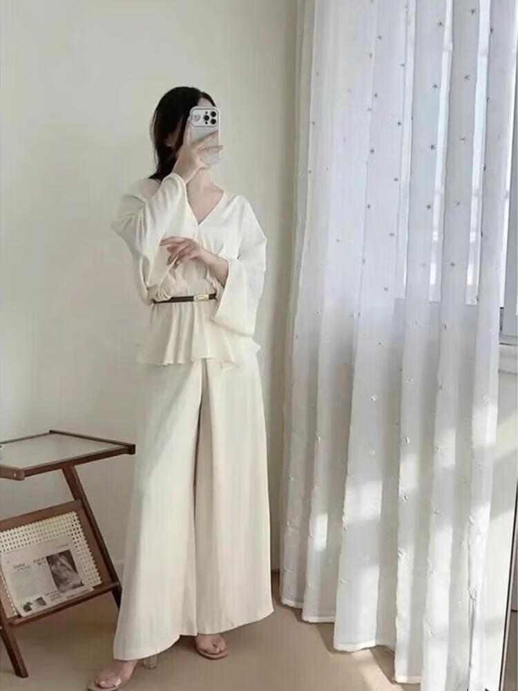 芳透时尚女装套装时髦洋气款女人味小个子高级法式气质轻奢衬衫慵 【套装】杏色上衣+杏色长裤 送腰带 S  【建议80-90斤】