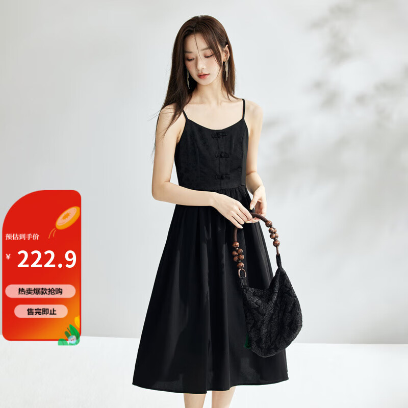 茵曼（INMAN）中式國風(fēng)盤扣女裝吊帶背心連衣裙2025夏季新品文藝高級氣質(zhì)A字裙 午夜黑 M
