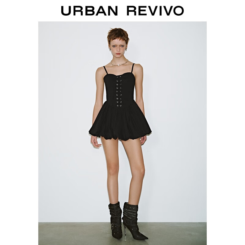 UR【明星同款】夏季新款女装蝴蝶结绑带吊带连衣裙UYV750044 黑色 (裙长偏短) M