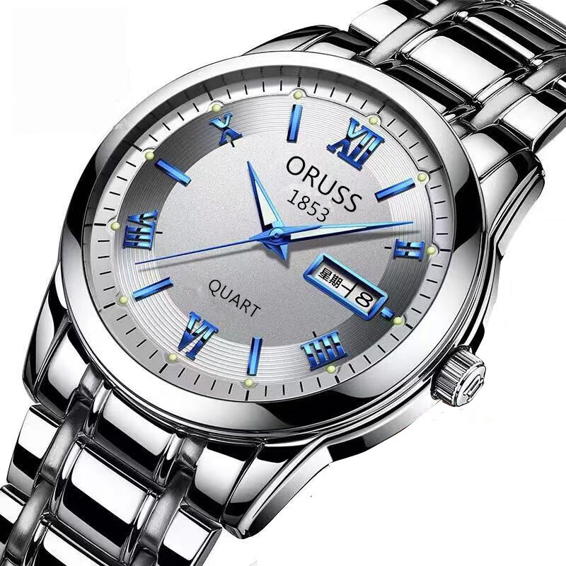 (0.01)全自动机芯表手表男日历夜光防水非机械表精钢国产腕表男 睿智蓝针白面男款【双日历】