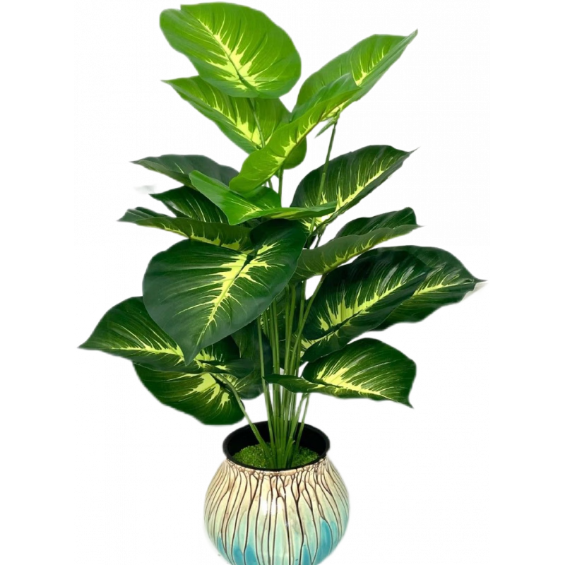 時(shí)鳥(niǎo)跨境仿真綠植綠蘿葉仿真植物過(guò)膠葉婚慶家居裝飾假盆景擺件 綠色綠羅【帶黑色盆】 【24葉頭】