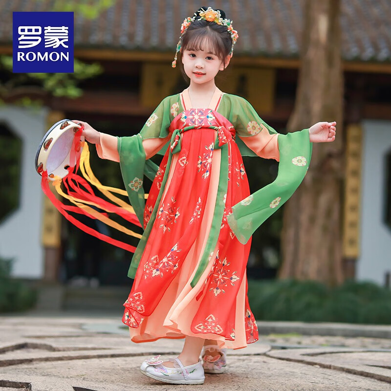罗蒙儿童中国风原创齐胸襦裙2026款唐装女童汉服夏季毕业演出服 HQ1115 红色襦裙 100