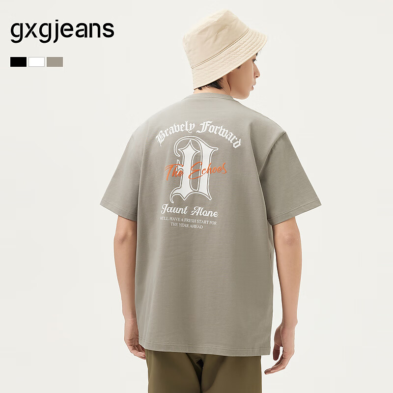 gxgjeans男装 后背字母印花美式休闲宽松圆领短袖T恤男 25夏新款 卡其色 XL (180)