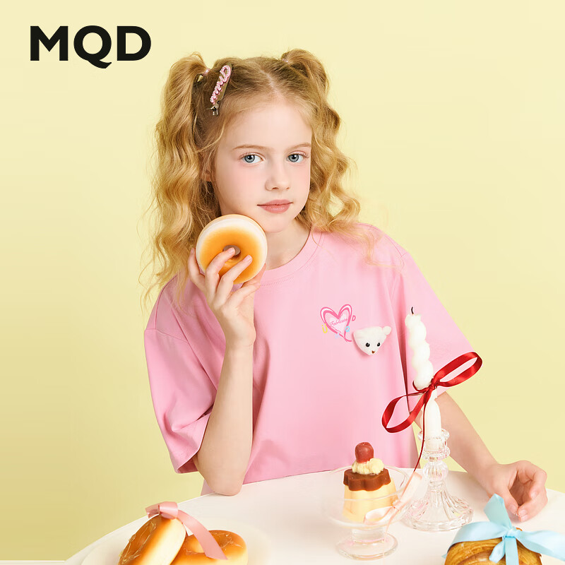 马骑顿（MQD）女大童夏季新品学院风基础百搭简约短袖运动休闲T恤 粉红 140