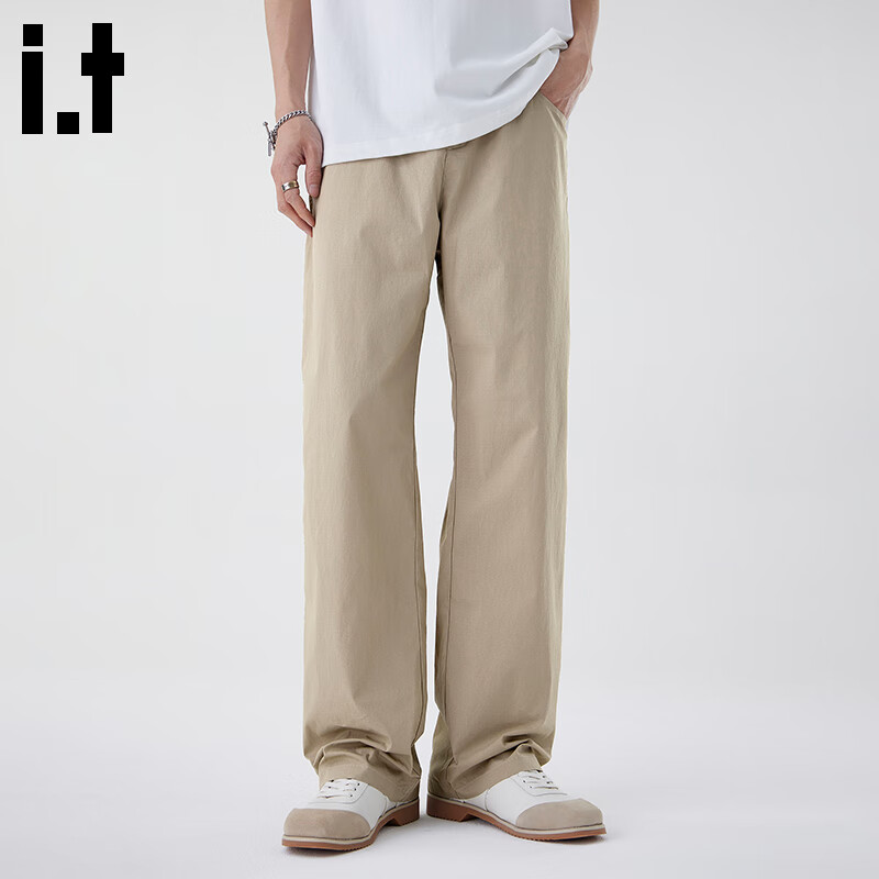 :CHOCOOLATE it直筒休闲裤男夏季薄款垂感透气裤子宽松百搭长裤潮牌运动裤 卡其色 【官方正品】 XL 【建议145斤-160斤】
