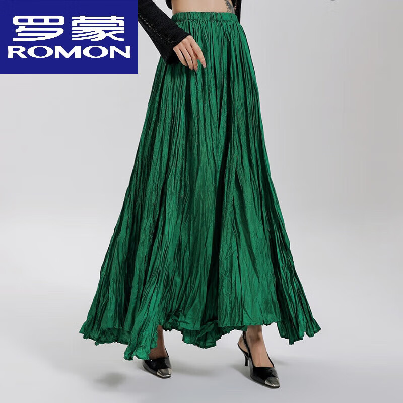 羅蒙（ROMON）官方褶皺半身長(zhǎng)裙女720度大擺裙不規(guī)則超長(zhǎng)款拖地長(zhǎng)裙百褶裙顯瘦 綠色 均碼