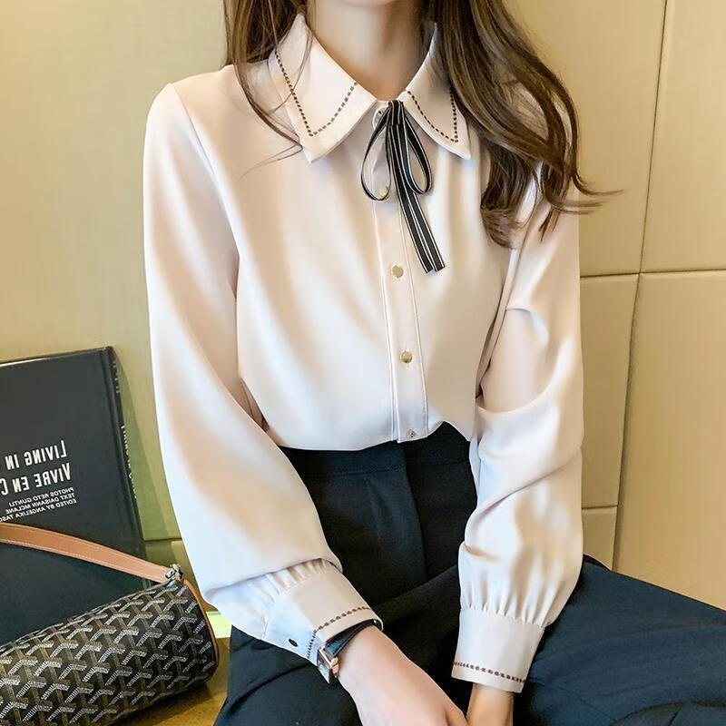【优选好物】雪纺衬衫女长袖打底衫2024春秋新款蝴蝶结衬衣设计感 杏色 XXS 建议10-20 京东折扣/优惠券