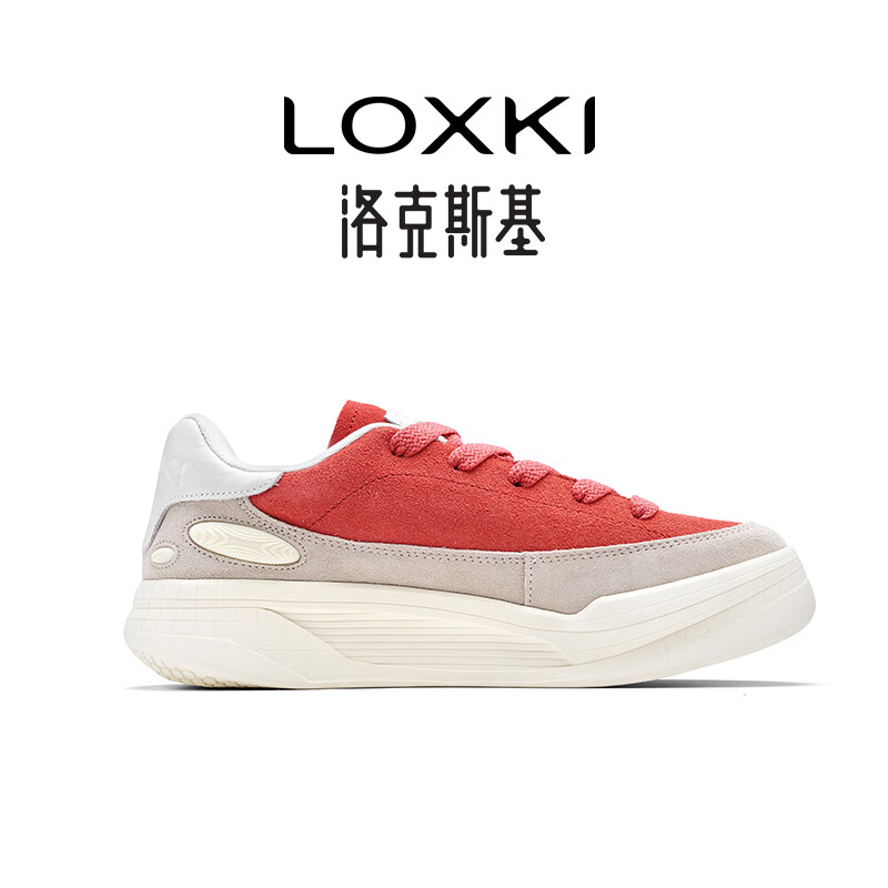 LOXKI洛克斯基男鞋2025秋季新款小圆鞋黑白增高厚底板鞋男明星同款鞋子 米白红 39