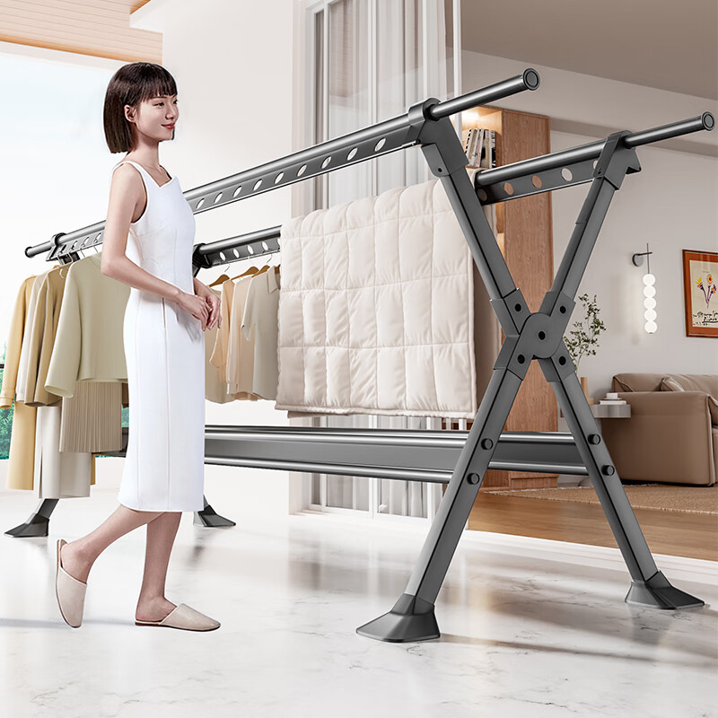 枫尚晾衣架落地伸缩晾衣杆免装折叠晒被架加厚铝合金阳台衣架落地立式